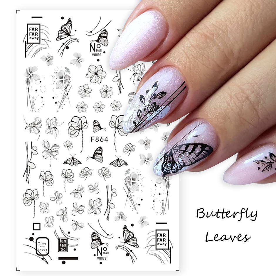 Miếng dán trang trí móng tay nghệ thuật STZPRONAIL kiểu dáng hoa lá 3D màu đen trắng thời trang xinh xắn