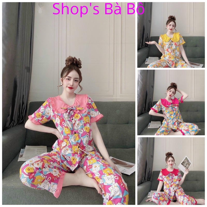 Bộ mặc nhà nữ kate phối, nhiều họa tiết, áo cổ bèo quần dài