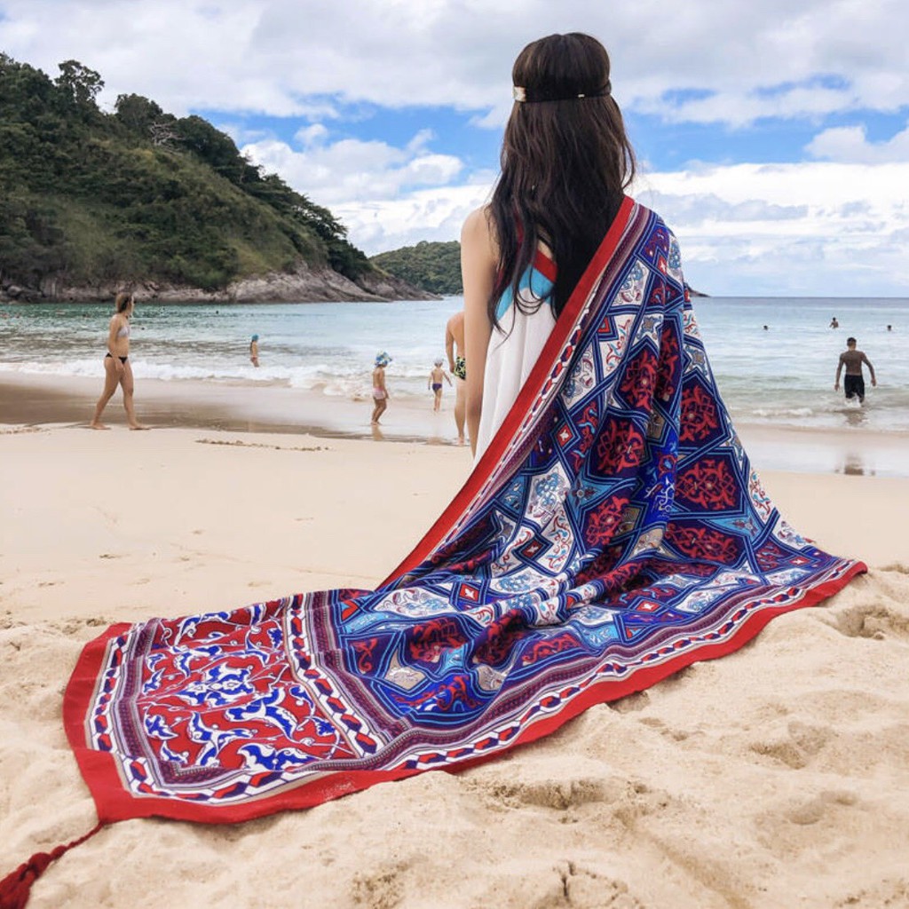 Khăn quàng cổ nữ choàng đi biển thổ cẩm phong cách vintage boho nữ đẹp iLita cao cấp đủ màu đen, vàng, đỏ, be, xanh rêu