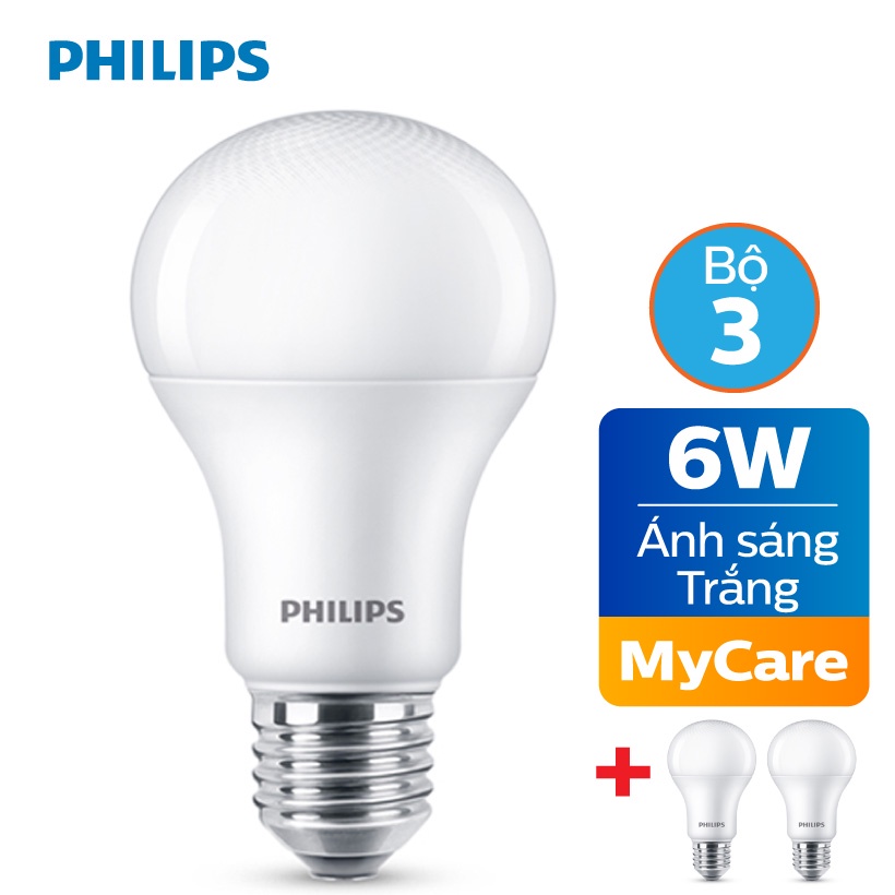 Bộ 3 Bóng đèn LED Philips MyCare 6W 6500K E27 A60 - Ánh sáng trắng