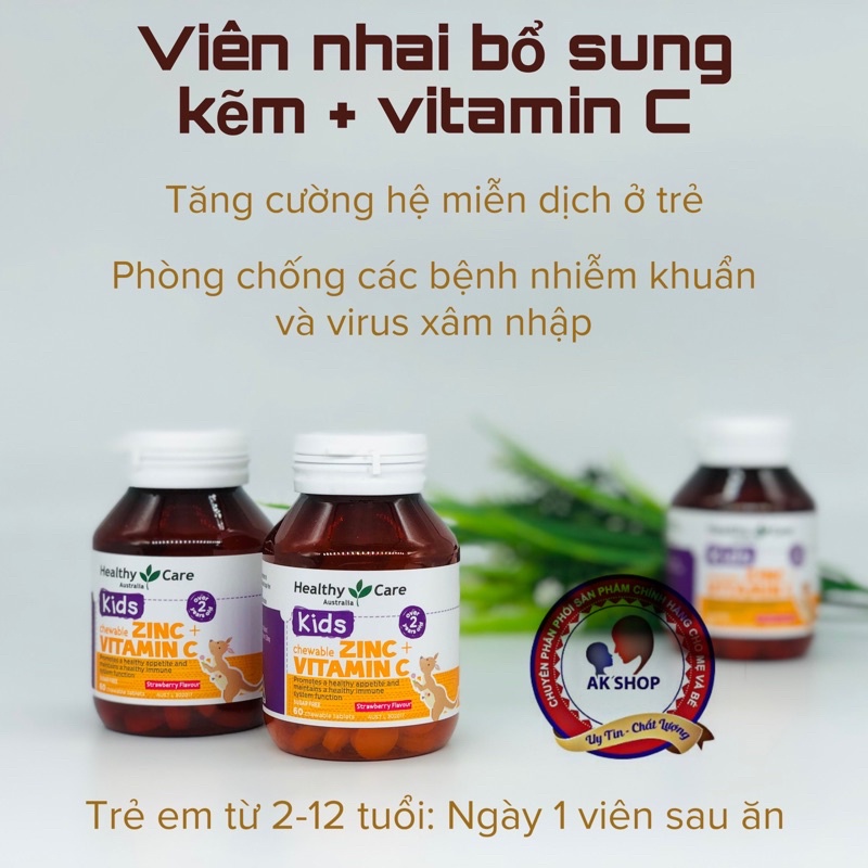 🍭🍭 Viên nhai Kẽm Zinc + Vitamin C Healthy Care (Mẫu mới nhất)