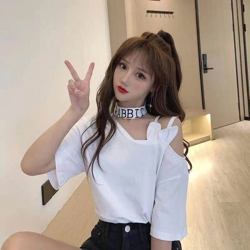 Áo thun tay ngắn hở vai dáng rộng phong cách Hàn Quốc thời trang mùa hè dành cho nữ