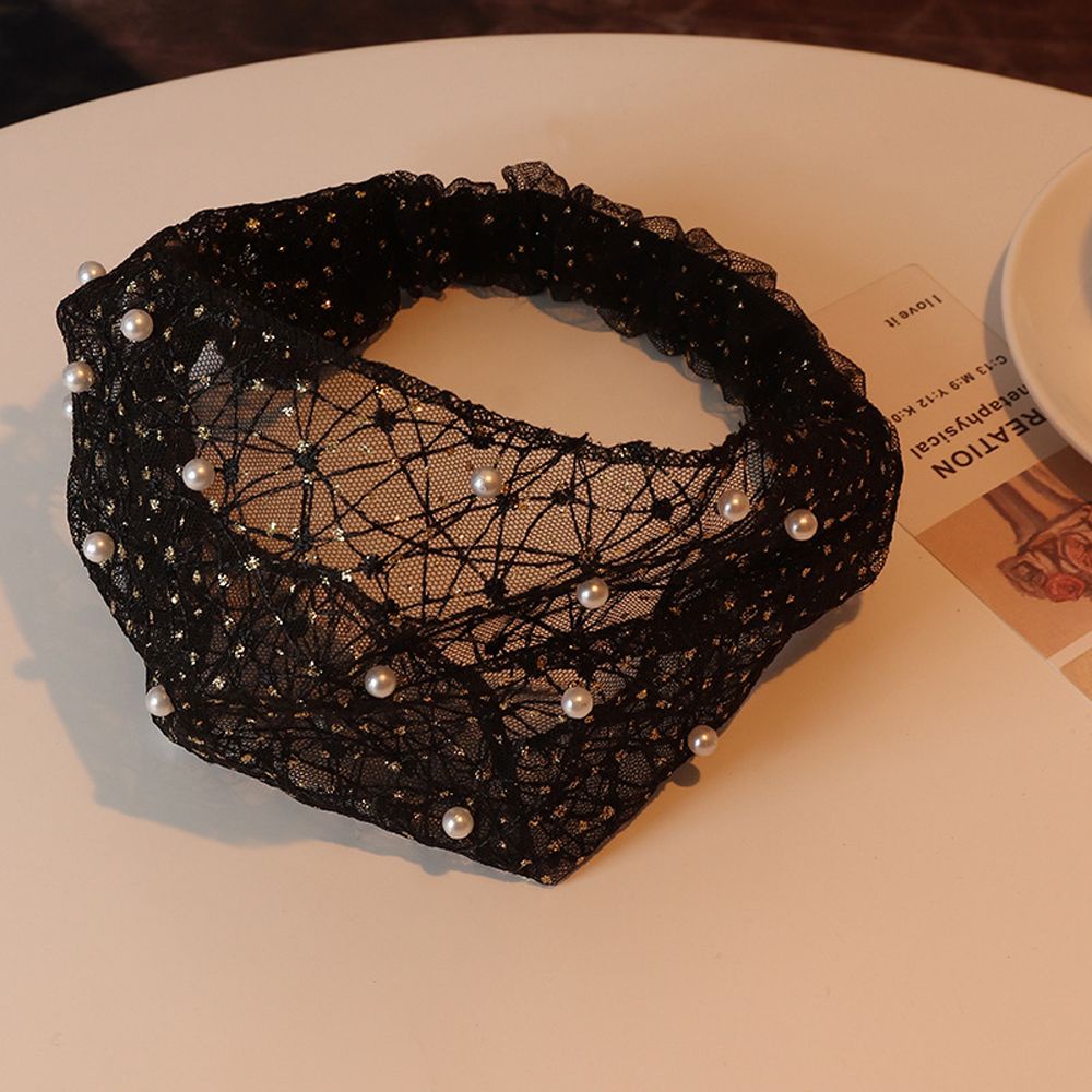 Băng Đô Cài Tóc Bản Rộng Phối Ren Hoa Đính Ngọc Trai Phong Cách Hàn Quốc Thanh Lịch Cho Nữ