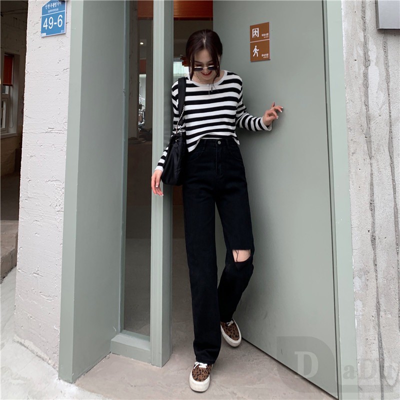 Quần jean dài thiết kế rách gối thời trang cho nữ