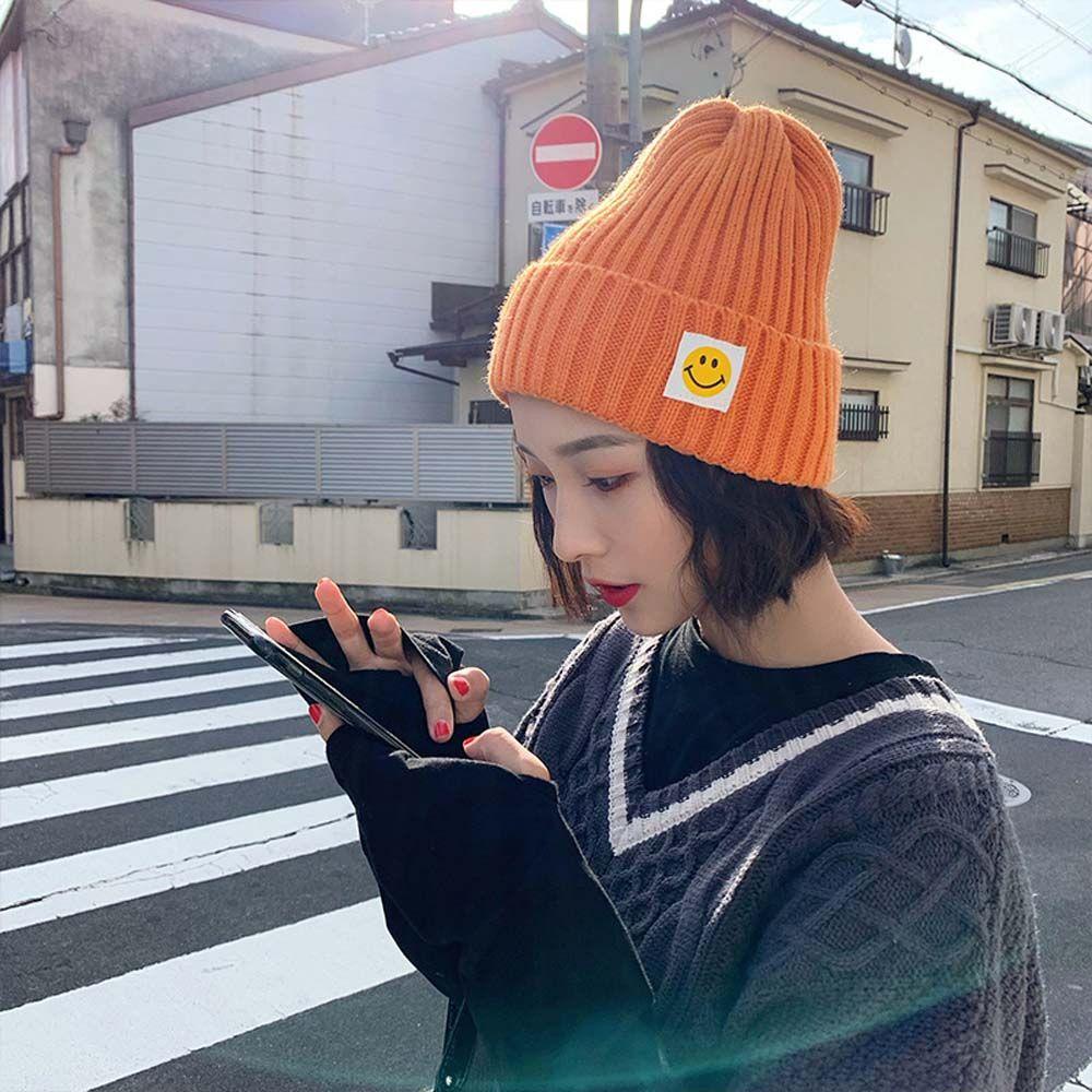 VANES1 Mũ Beanie Dệt Kim In Hình Mặt Cười Hoạt Hình Phong Cách Hàn Quốc Cho Cặp Đôi