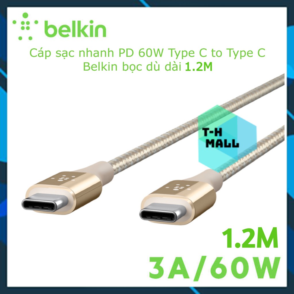 Dây Cáp Sạc Type C to C 1.2M Belkin F2CU050bt04-GLD bọc Sợi Kevlar