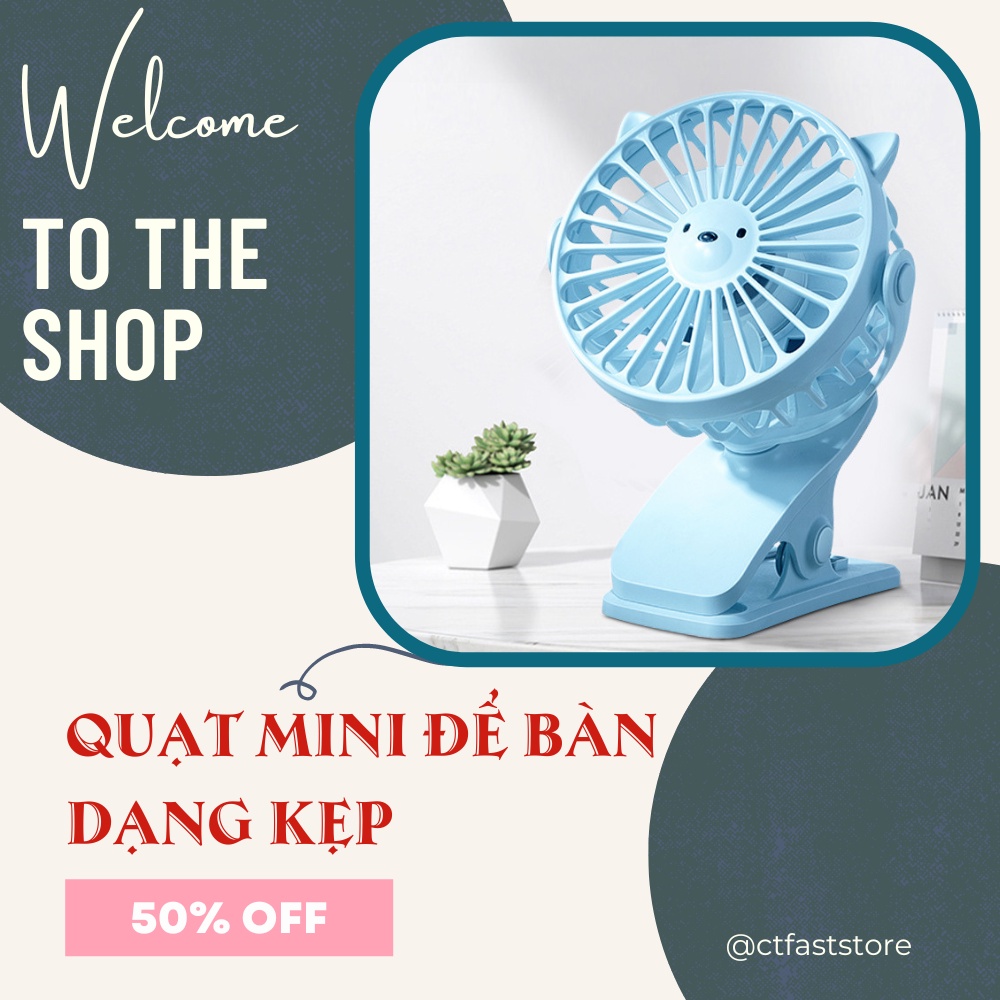 Quạt mini tích điện cầm tay hình gấu CTFAST Q08, thiết kế dạng kẹp 2 in 1, không gây ồn