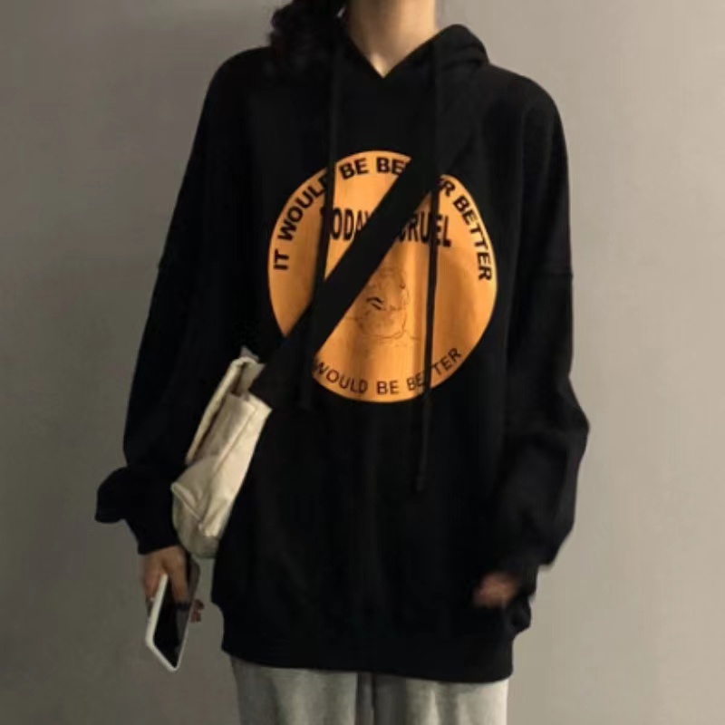 Áo Hoodie Tay Dài Dáng Rộng In Hình Đĩa Phong Cách Preppy