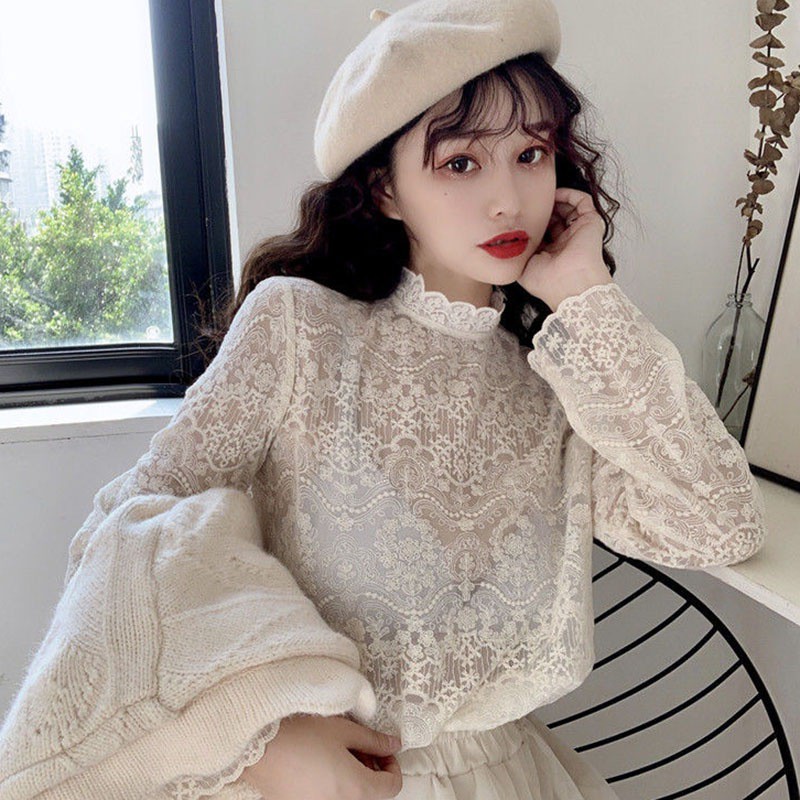 Áo Kiểu Cổ Cao Thêu Hoa Phối Ren Xinh Xắn Cho Nữ Giới