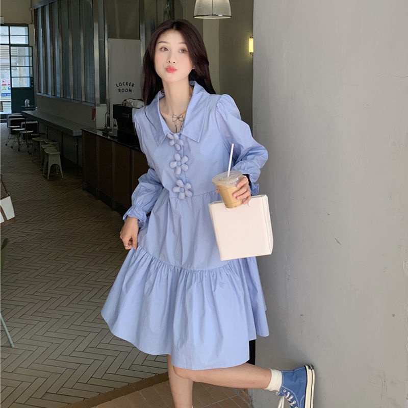 Đầm Tay Dài Cổ Sơ Mi Họa Tiết Hoa Thời Trang Phong Cách Hàn Quốc Cho Nữ