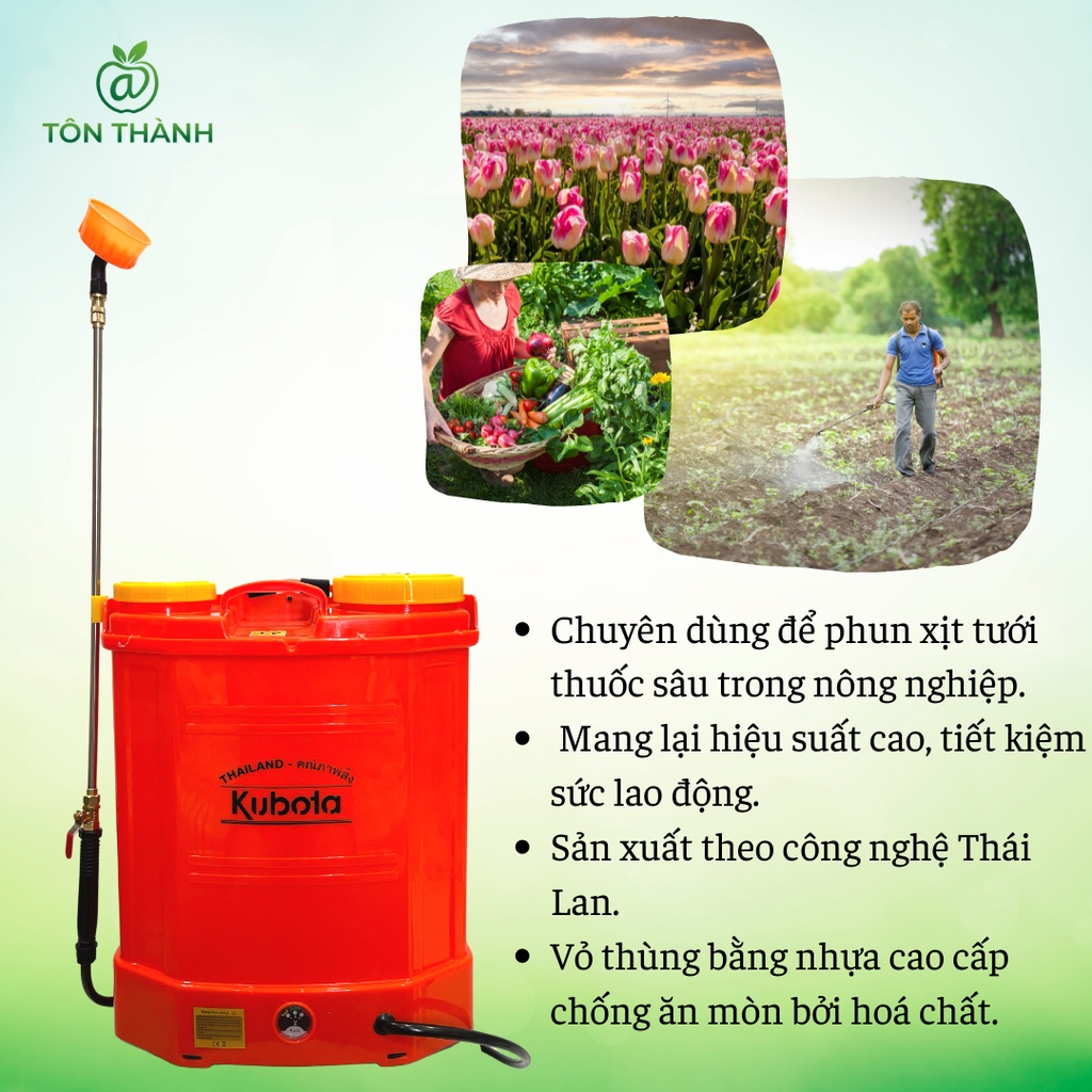 BÌNH XỊT ĐIỆN KUBOTA 2 BƠM 12V12AH 20 LÍT CÔNG NGHỆ THÁI LAN CHUYÊN DÙNG PHUN THUỐC, TƯỚI CÂY, KHỬ KHUẨN TRANG TRẠI,...