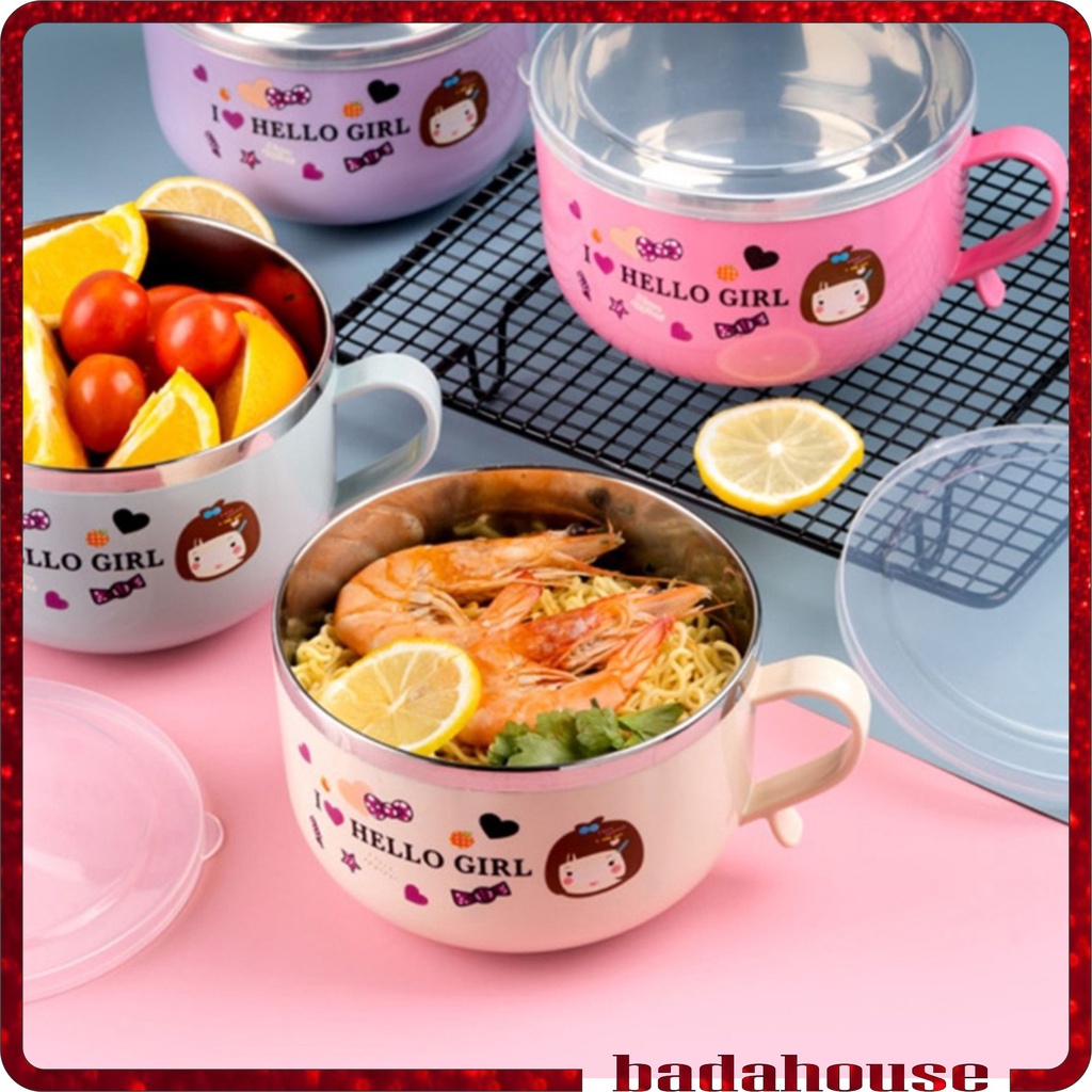 Bát ăn dặm cho bé, Bát ăn mỳ, cháo, phở có nắp đậy, 2 lớp giữ nhiệt