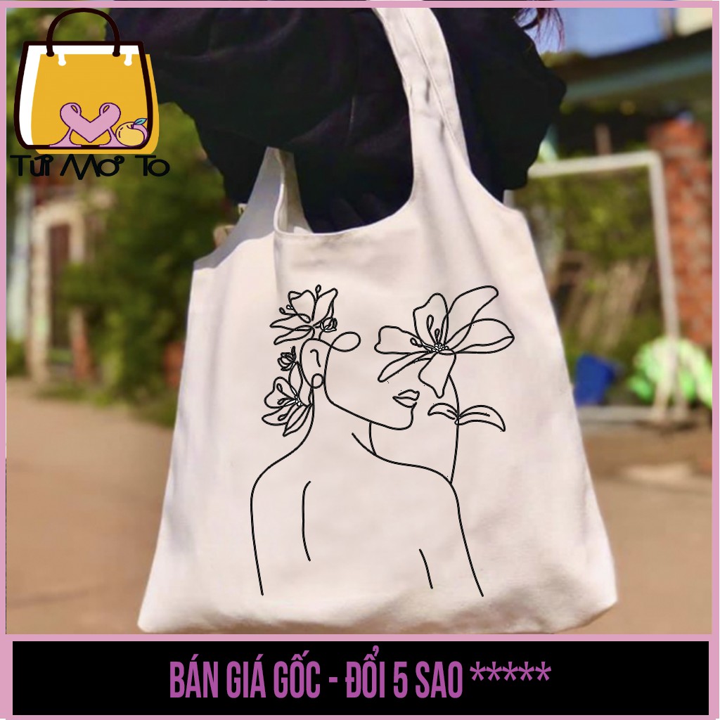 Túi tote vải canvas quai tròn có khóa kéo in hình cô gái đơn sắc - Túi Mơ To store