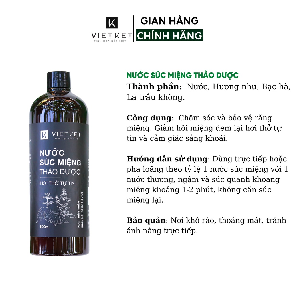 Nước Súc Miệng VIET KET Giúp Giảm Hôi Miệng, Sâu Răng, Chăm Sóc Và Bảo Vệ Răng Miệng 500ml