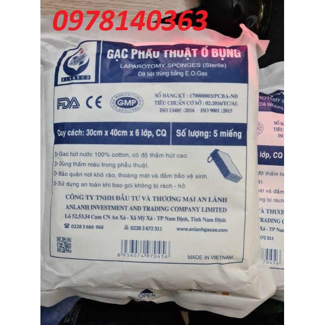 Gạc Phẫu Thuật Ổ Bụng Vô Trùng 30Cm X 40Cm X 6 Lớp Túi 5 Miếng