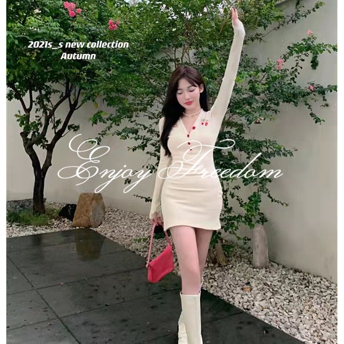 Enjoy Freedom Đầm Ngắn Ôm Eo Cổ Chữ V Thêu Hình Quả Cherry Phong Cách Vintage Dành Cho Nữ