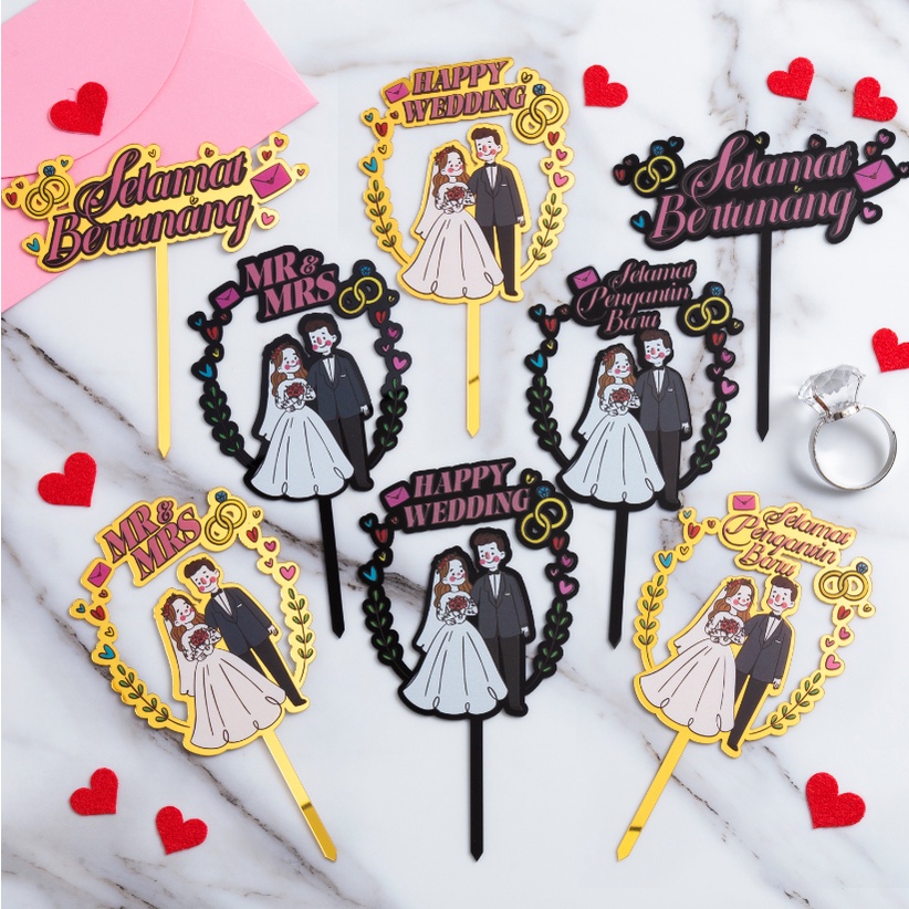 Acrylic Wedding Cake Topper Happy Wedding MR & MRS Selamat Bertunang Selamat Pengantin Baru Cake Decoration