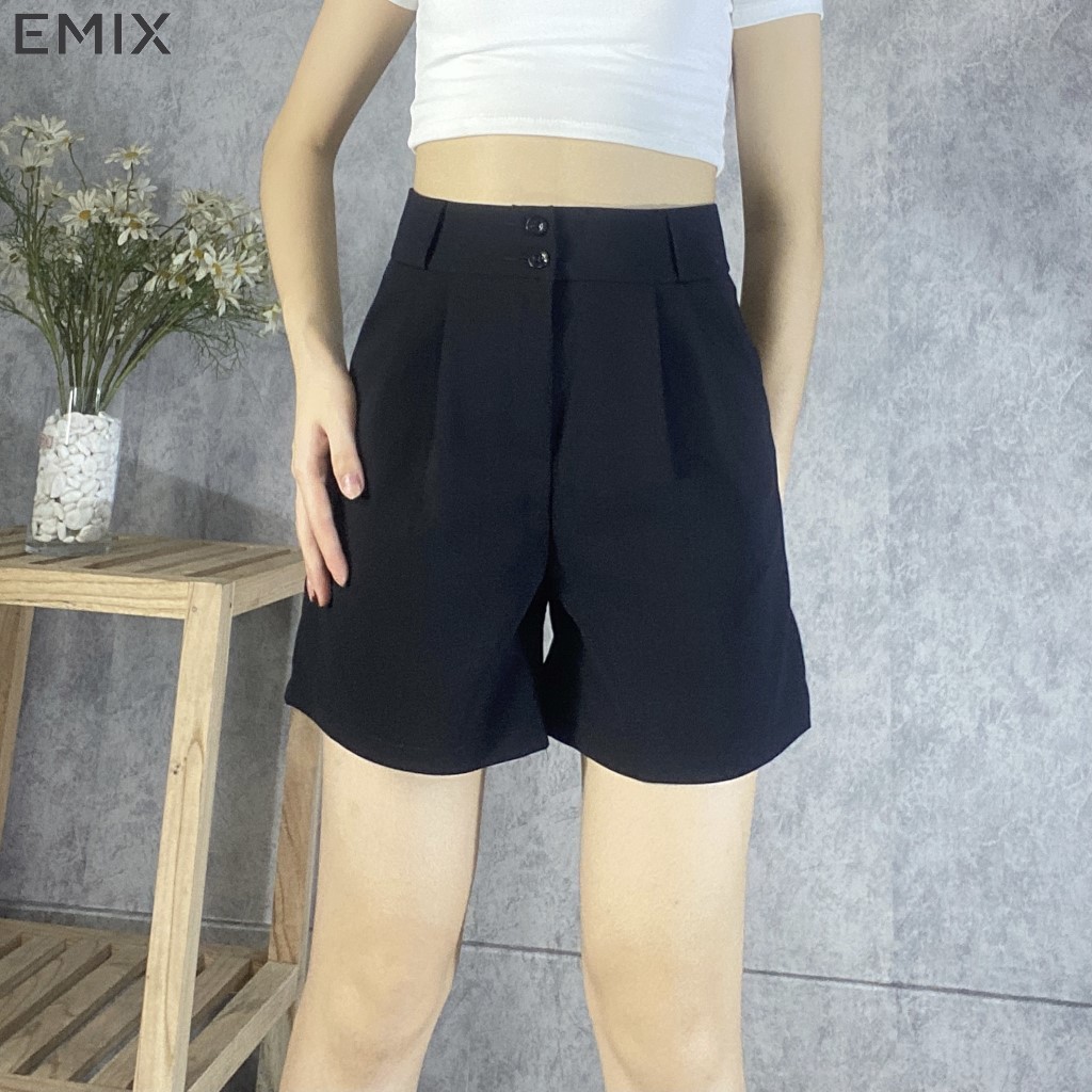 Quần short nữ cạp cao 2 cúc vải tuyết mưa form rộng có đai lưng màu đen phong cách EMIX | BigBuy360 - bigbuy360.vn
