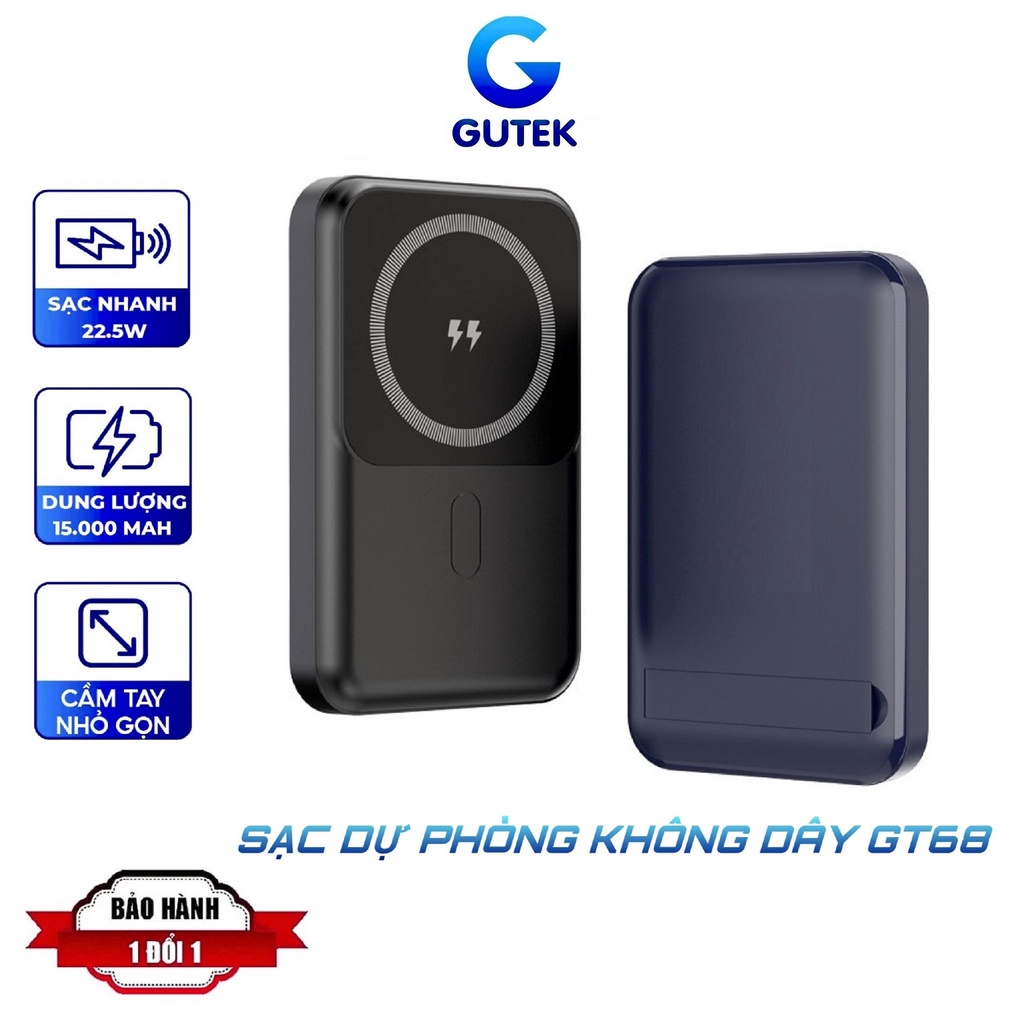 Sạc dự phòng không dây sạc nhanh 22,5W pin 15000mah cao cấp cho từ ip 8/X/11/12/13 – Gutek GT68