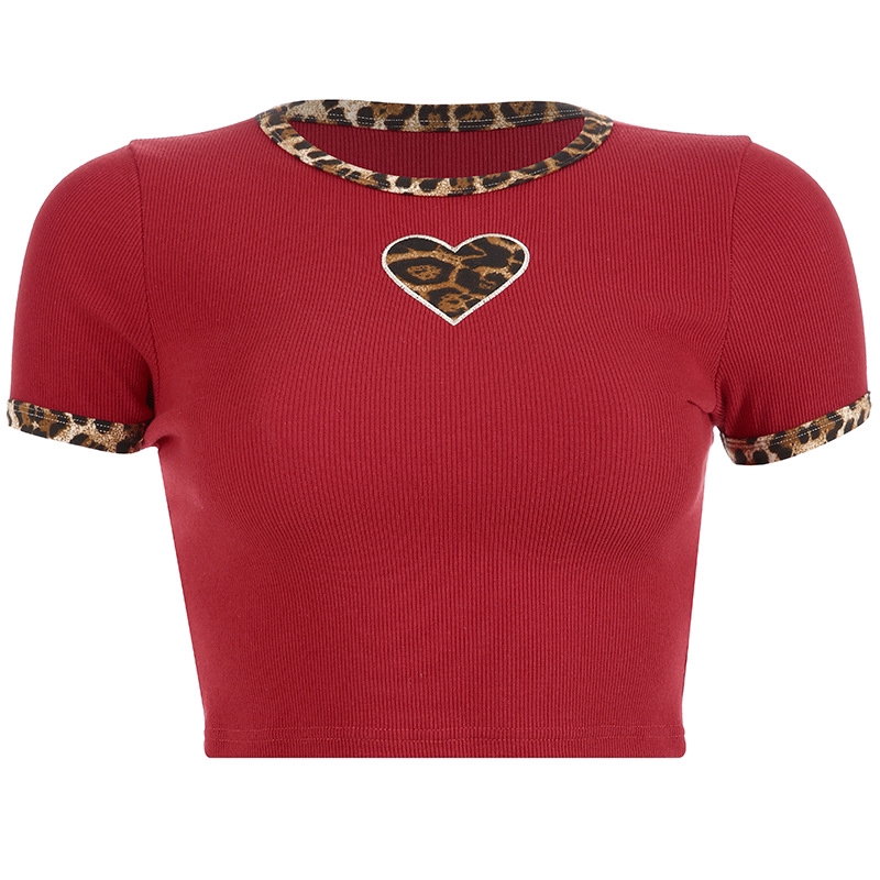 Sexy Women Slim Leopard Love Print Tops Round Neck Short Sleeve Casual Tshirt