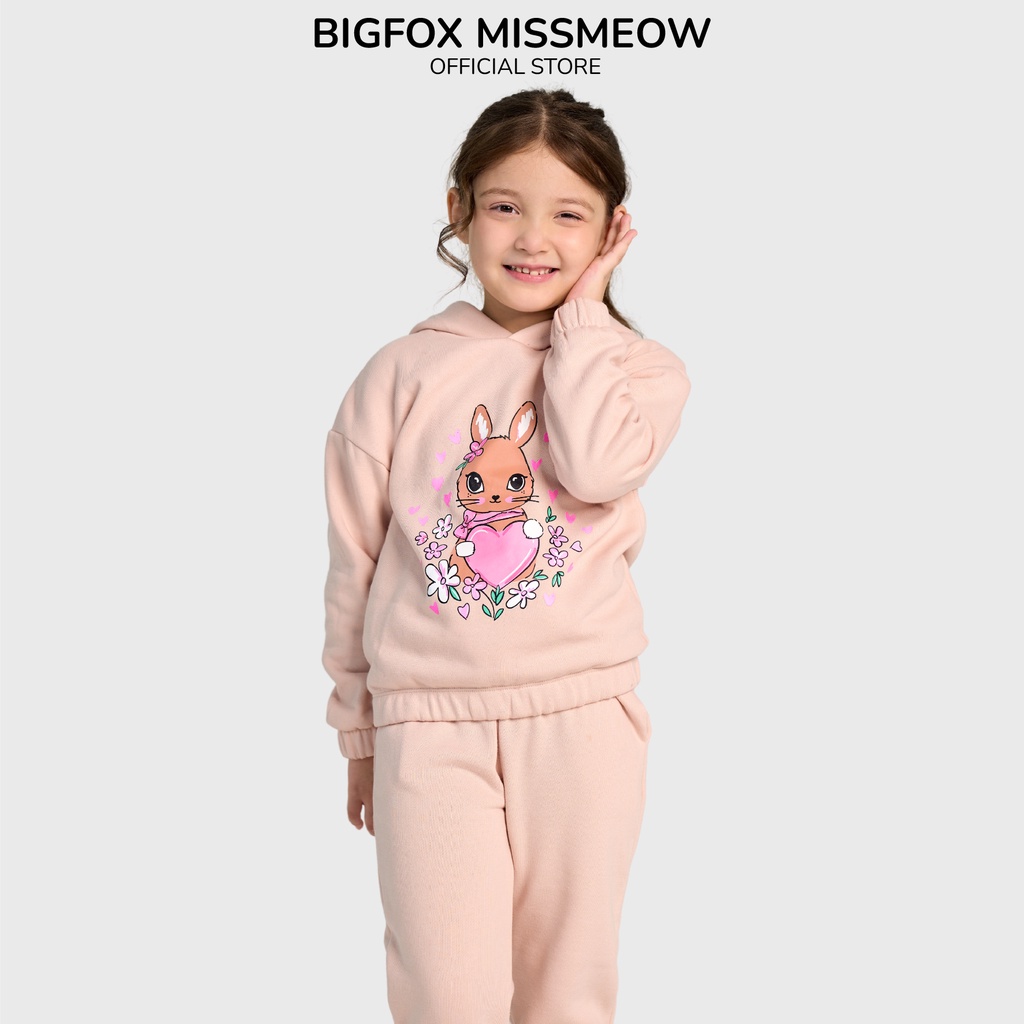 Bộ nỉ bông bé gái Bigfox - Miss Meow mùa thu đông có mũ họa tiết thỏ ôm trái tim size trẻ em 3 - 11 tuổi