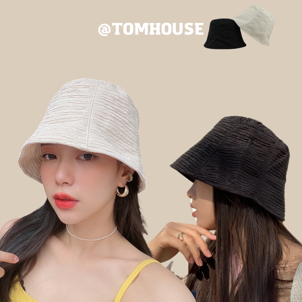 Mũ bucket trơn màu, nón tai bèo nữ rộng vành thun gân có dây rút dáng tròn nhỏ phong cách thời trang Tom House