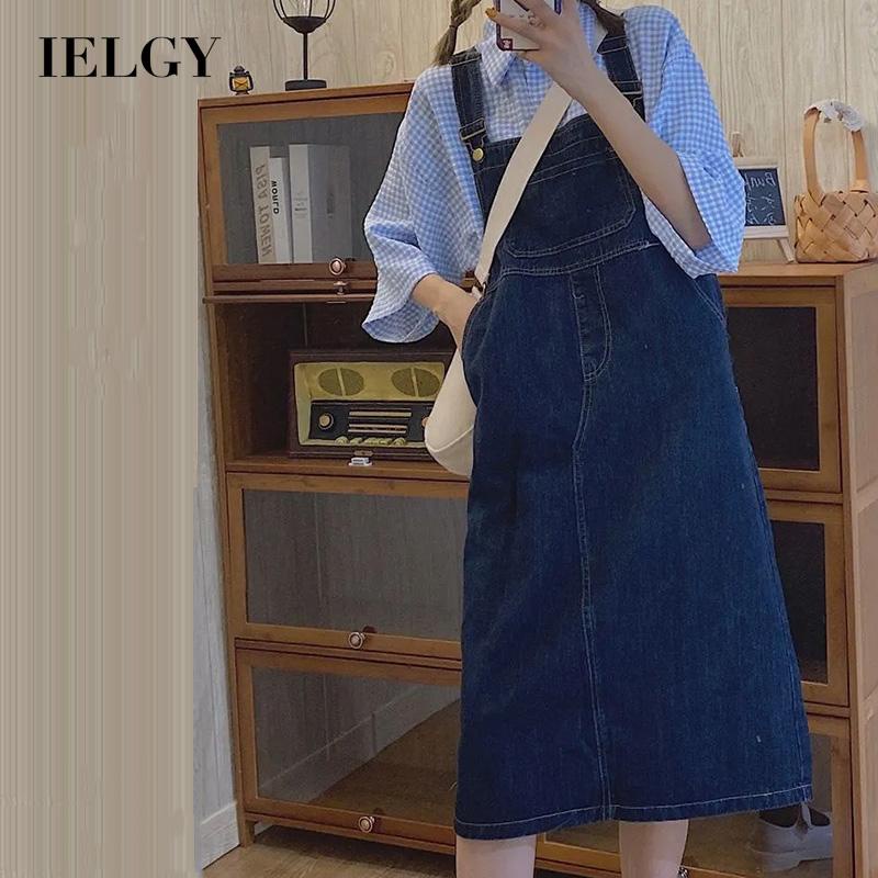 Chân váy yếm IELGY denim màu xanh dương đậm cổ điển cho nữ
