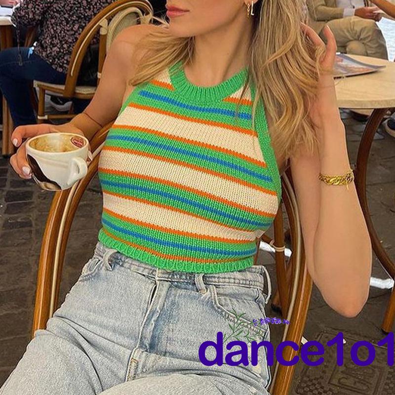 Áo sát nách cổ yếm hoạ tiết kẻ sọc thiết kế hở lưng quyến rũ