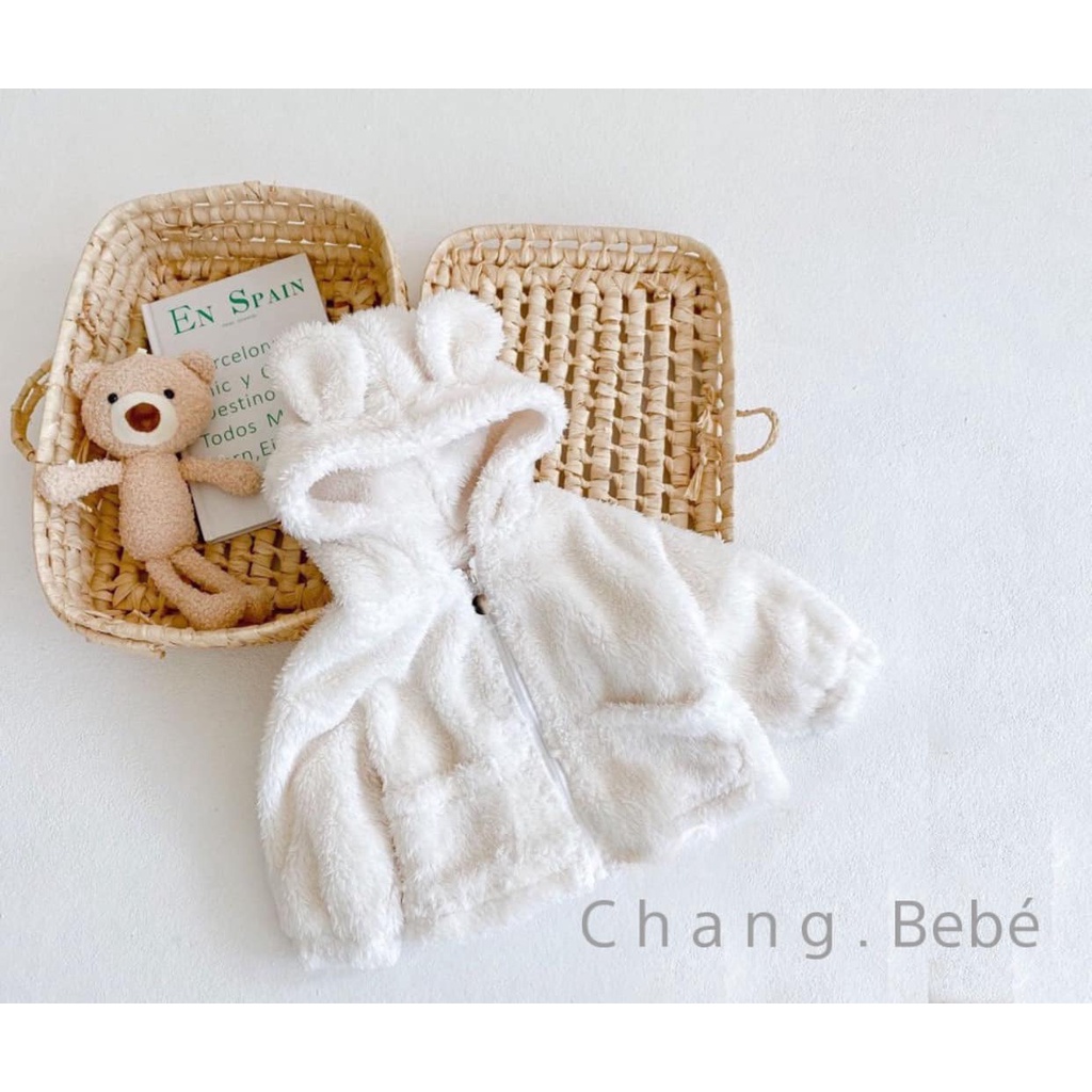 Áo khoác lông trắng tai gấu có túi cao cấp ấm áp dễ thương cho bé_Chang.bebes