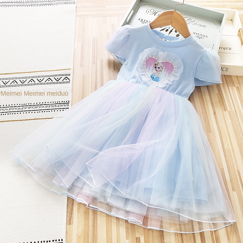 Đầm Công Chúa Elsa Frozen Tay Ngắn Cổ Tròn Dễ Thương Phong Cách Hàn Quốc Cho Bé Gái 3 Tuổi