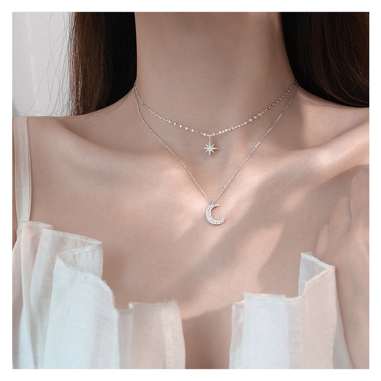 Vòng cổ Hai Lớp Hình Mặt Trăng Ngôi Sao Đính Đá Zircon Phong Cách Hàn Quốc Cho Nữ