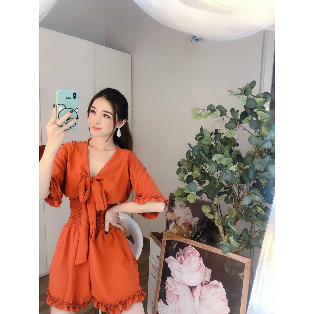 Jumpsuit đùi cổ thắt nơ bo eo + ảnh thật