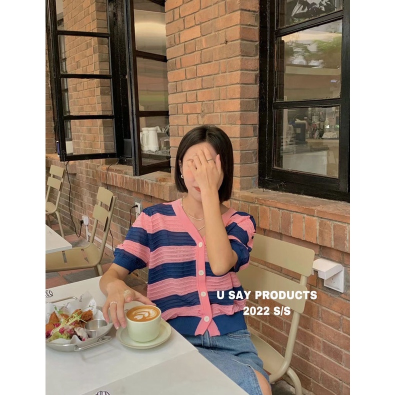 Áo Cardigan Ngắn Tay Họa Tiết Kẻ Sọc Thời Trang Mùa Hè Cho Nữ