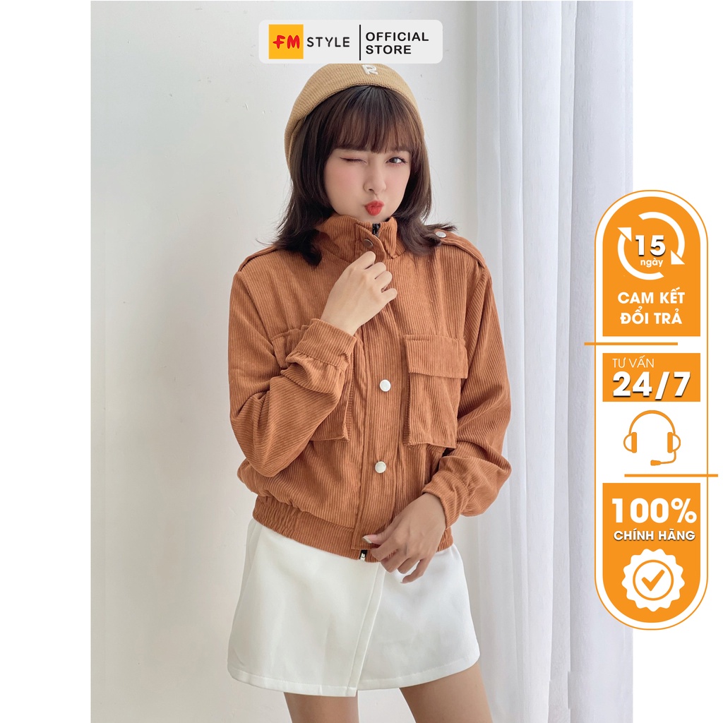 Áo khoác kaki nữ FM Style form rộng dáng ngắn chất xịt phối túi siêu xinh thời trang thu đông 210704113