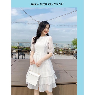 Đầm xòe xếp ly cổ 3 tầng thắt nơ tay