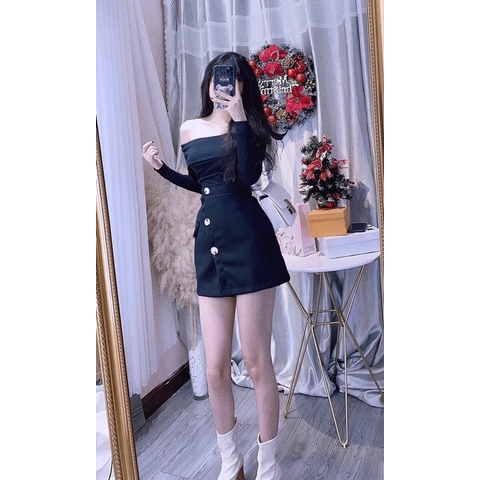Set áo bẹt vai phối chân váy nút. alohashop91