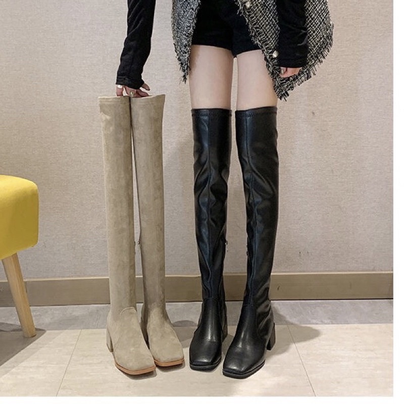 Bốt đùi nữ da lộn lót lông mũi vuông gót cao 5cm có khoá cạnh