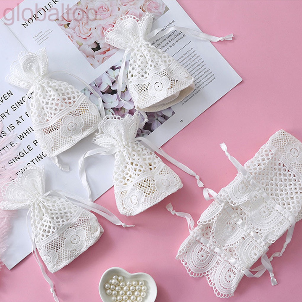 Túi dây rút đựng trang sức bằng vải lanh cotton phối ren màu trắng