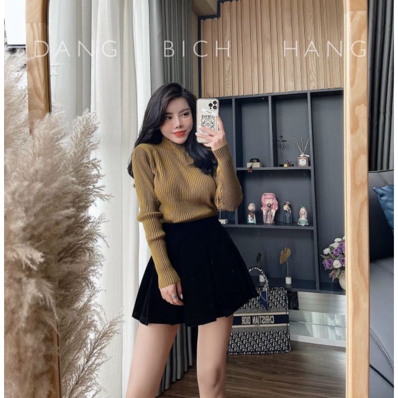 Chân váy nhung xếp ly trơn