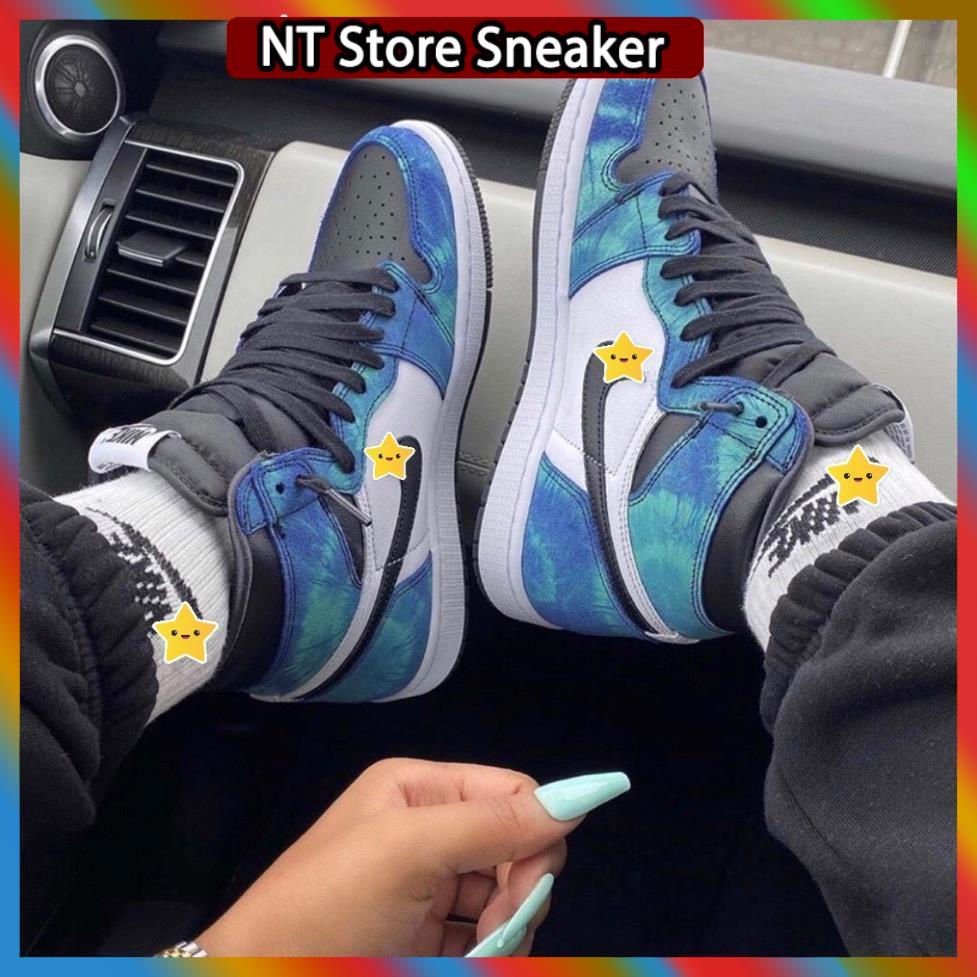 Giày thể thao Jordan xanh loang nước biển cổ cao, Giày JD1 high tie dye cao cổ nam nữ siêu hot Full Box Bill + tặng dây