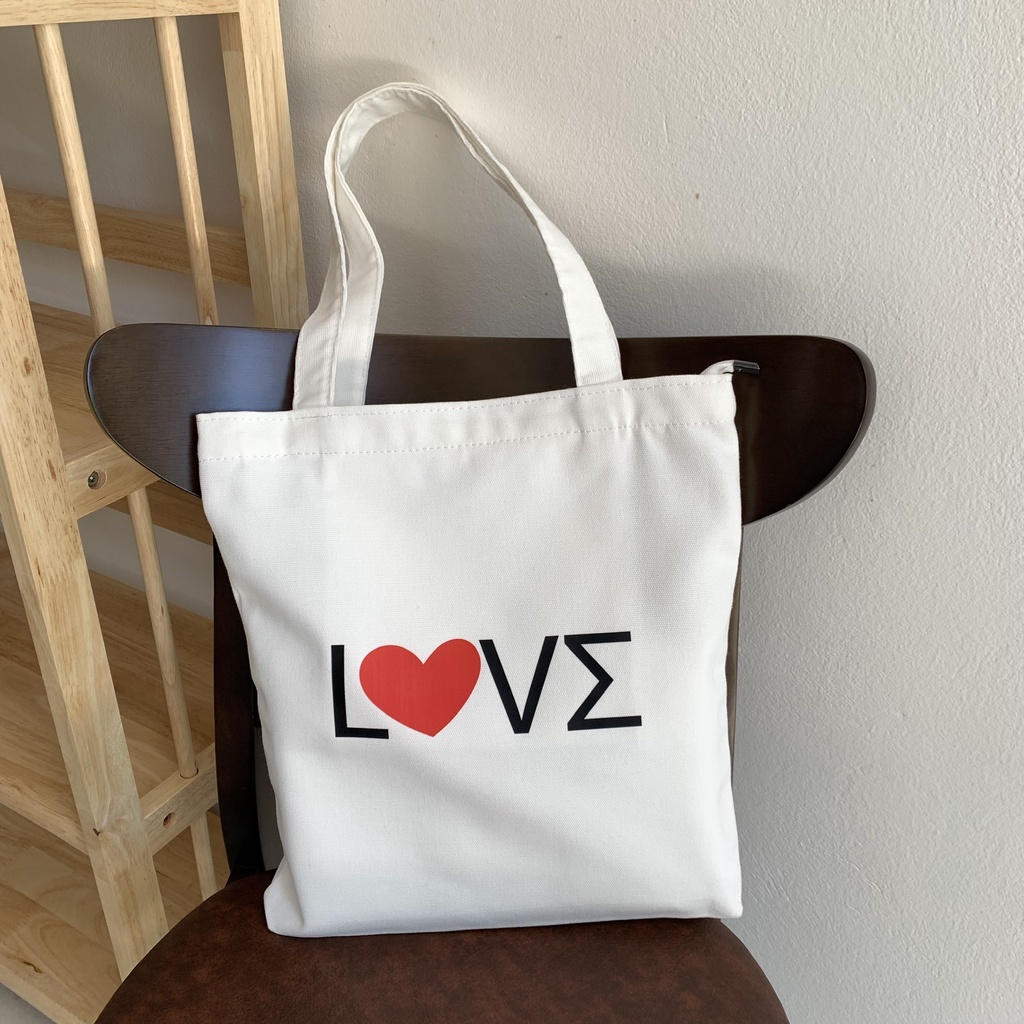 Túi tote vải canvas in chữ Love cách điệu có khóa miệng túi đựng đồ phong cách