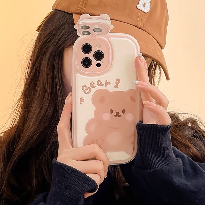 Ốp lưng iphone mềm dẻo viền bo tròn chống sốc có gương che bảo vệ camera bé gấu cute màu nâu và be