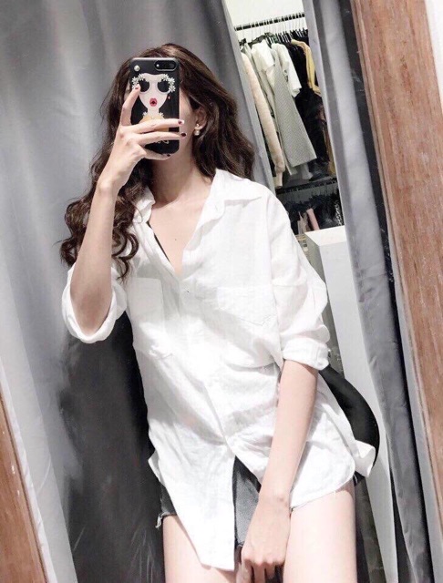 Áo sơ mi trắng linen oversize trơn