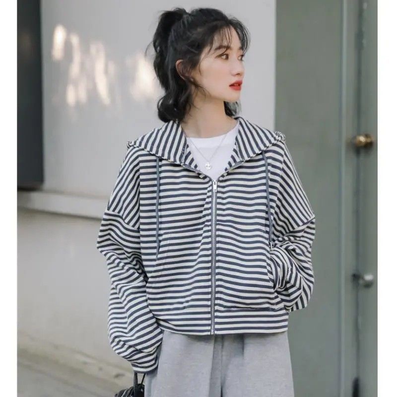 Áo Khoác Cardigan Có Khóa Kéo Dáng Rộng Họa Tiết Kẻ Sọc Mỏng Thời Trang Mới Cho Nữ