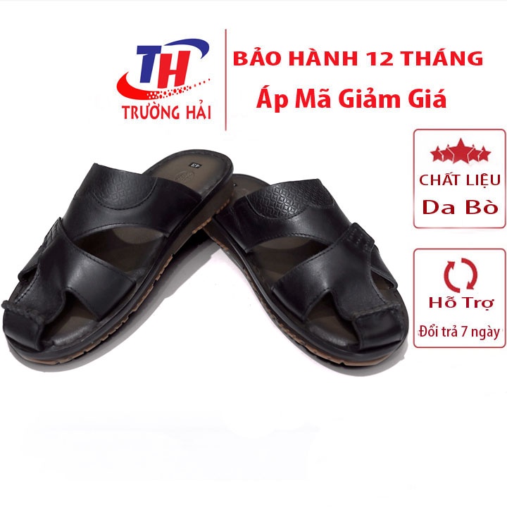 Dép Bit Mũi Nam da Bò Màu đen Trường Hải Đế Cao su Không trơn may chắc chắn DN230