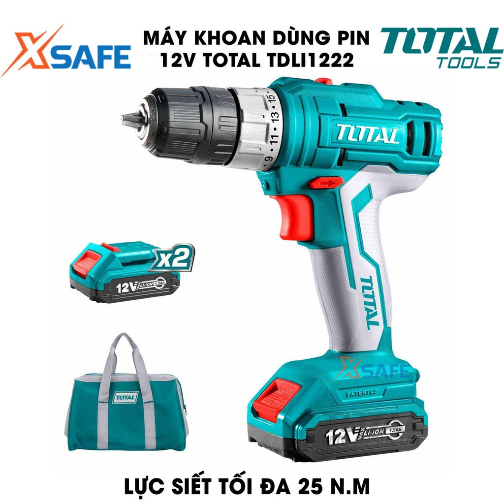 Máy khoan pin cầm tay 12V 10mm Total TDLI1222 tốc độ 1350v/p, lực siết 25nm, khả năng khoan 10mm, nhông 2 tốc độ - xsafe