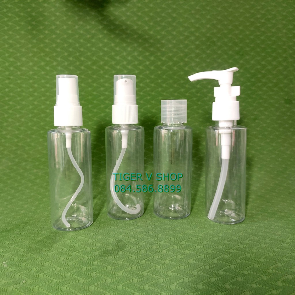 Chai pet nhựa trong 60ml vai ngang vòi nhấn, vòi phun sương, vòi xịt giọt, nắp bật