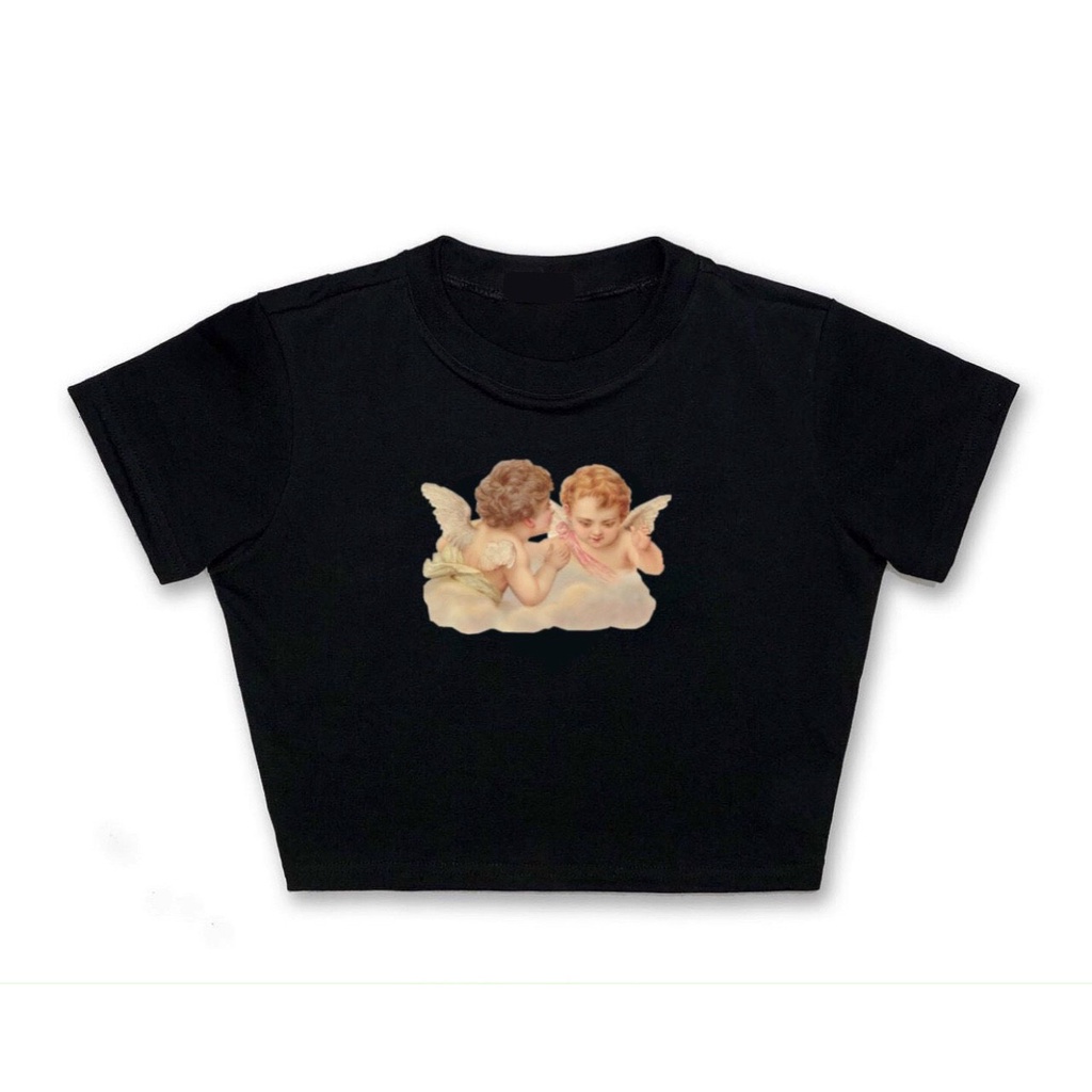 áo croptop thun lụa tay ngắn in 3d thiên thần xinh na