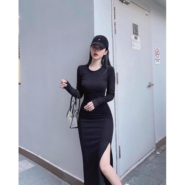 Đầm nữ ôm body from dài phối xẻ tà (chiều dài 1m15) | BigBuy360 - bigbuy360.vn