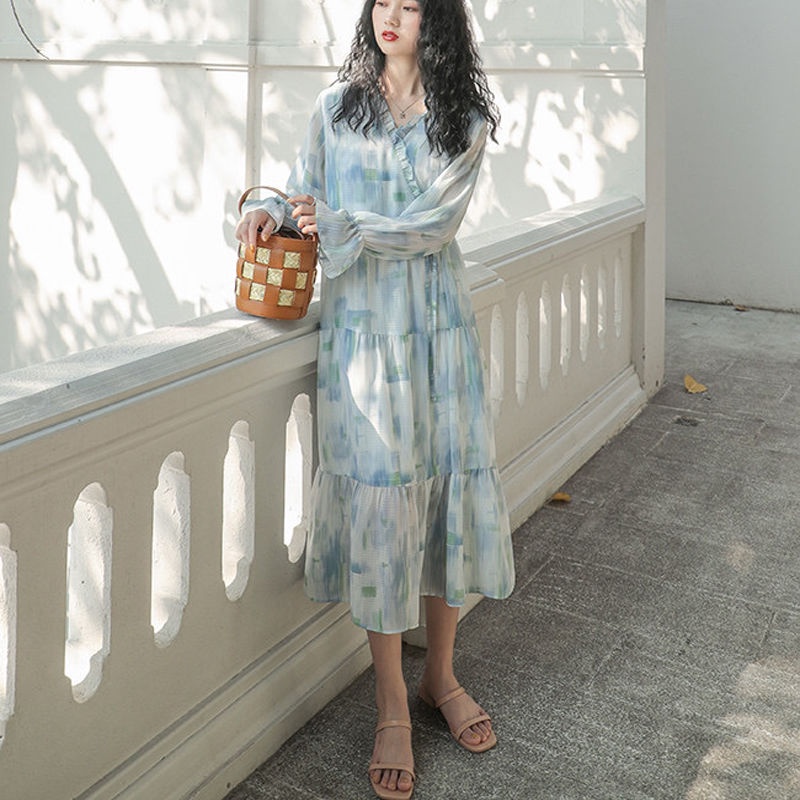 Đầm Tay Dài Sọc Ca Rô Phong Cách Hàn Quốc Trẻ Trung Nhẹ Nhàng Cho Nữ